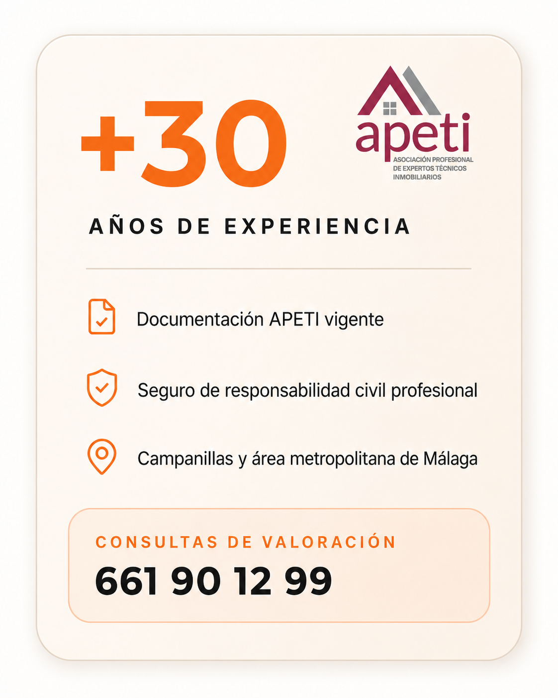 Tarjeta informativa: más de 30 años de experiencia, documentación APETI vigente, seguro de responsabilidad civil profesional, Campanillas y área metropolitana de Málaga. Consultas de valoración: 661 90 12 99.