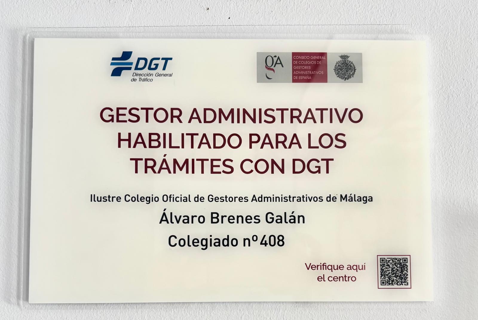 Cartel acreditativo de Gestor Administrativo habilitado para trámites con DGT